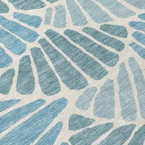 Photo of Teal Blue Ivory And Gray Floral Washable Indoor Outdoor Area Rug