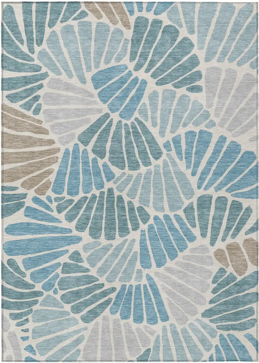 Teal Blue Ivory And Gray Floral Washable Indoor Outdoor Area Rug Photo 8