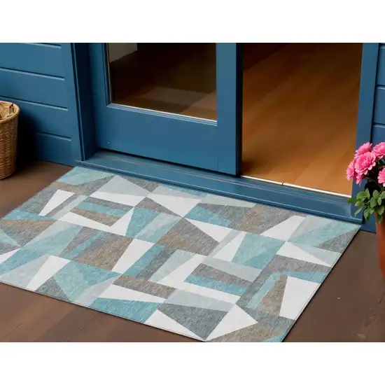 Teal Blue Ivory And Gray Geometric Washable Indoor Outdoor Area Rug Photo 1
