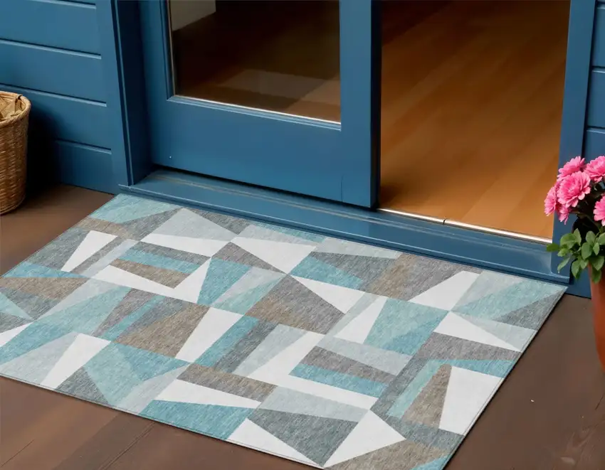 Teal Blue Ivory And Gray Geometric Washable Indoor Outdoor Area Rug Photo 1