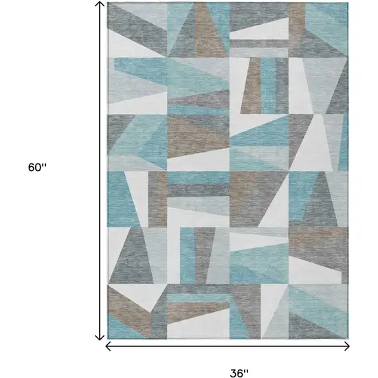 Teal Blue Ivory And Gray Geometric Washable Indoor Outdoor Area Rug Photo 3