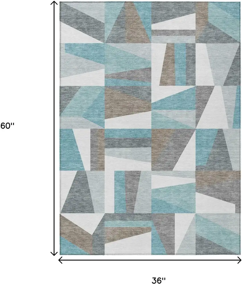 Teal Blue Ivory And Gray Geometric Washable Indoor Outdoor Area Rug Photo 3
