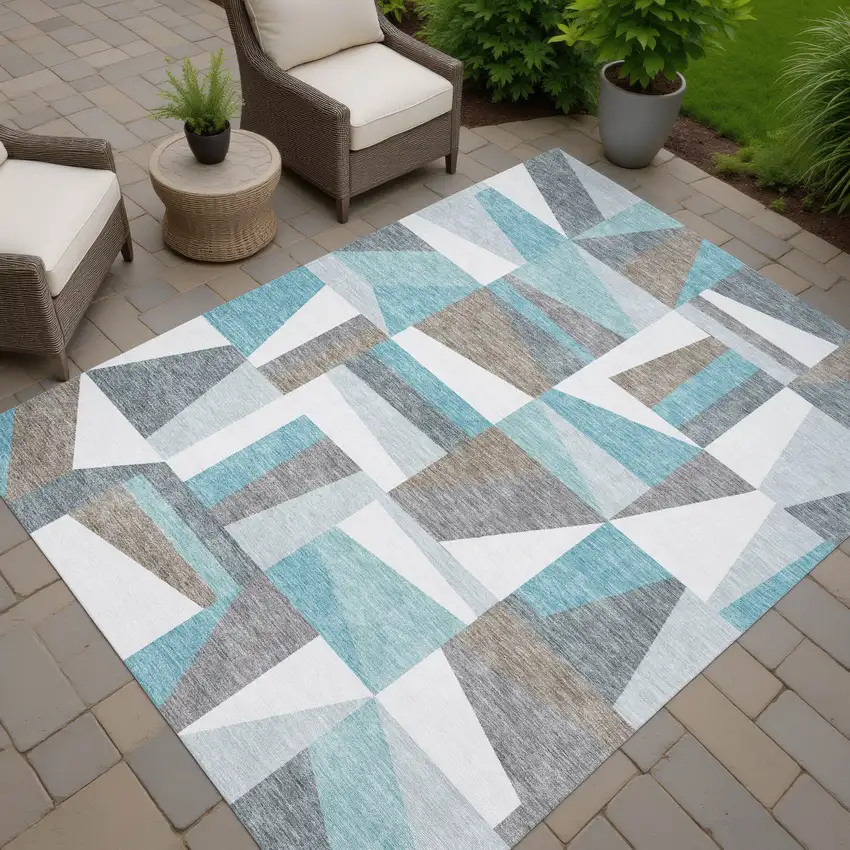 Teal Blue Ivory And Gray Geometric Washable Indoor Outdoor Area Rug Photo 8