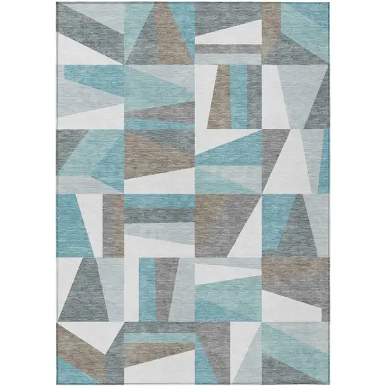 Teal Blue Ivory And Gray Geometric Washable Indoor Outdoor Area Rug Photo 2