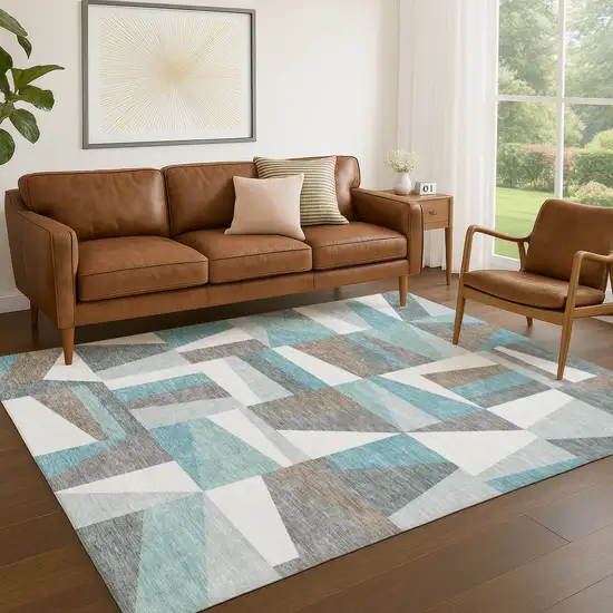 Teal Blue Ivory And Gray Geometric Washable Indoor Outdoor Area Rug Photo 9