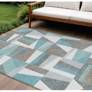 Photo of Teal Blue Ivory And Gray Geometric Washable Indoor Outdoor Area Rug