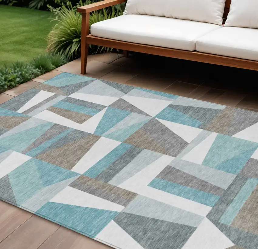 Teal Blue Ivory And Gray Geometric Washable Indoor Outdoor Area Rug Photo 1