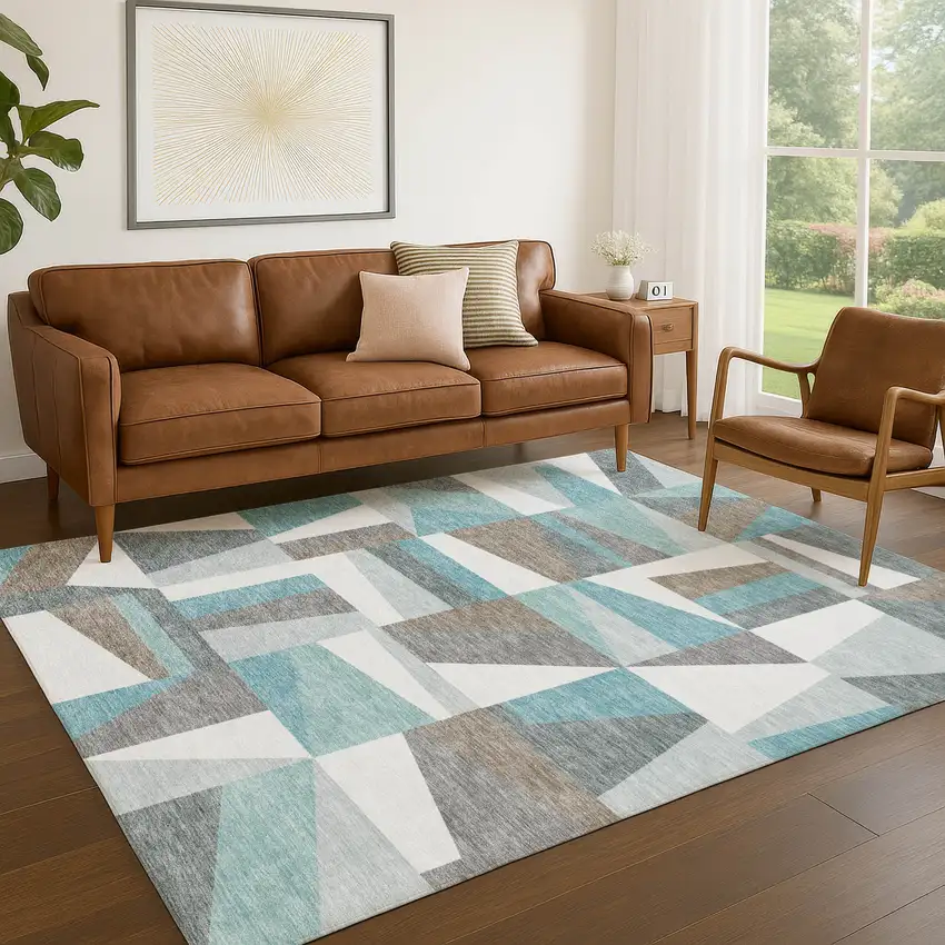 Teal Blue Ivory And Gray Geometric Washable Indoor Outdoor Area Rug Photo 9