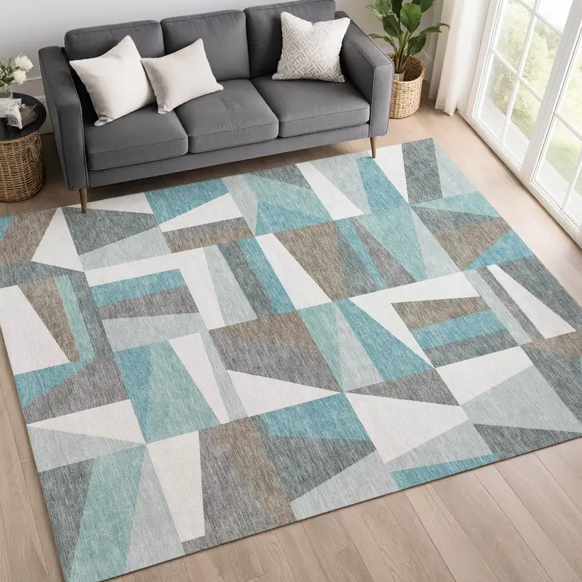 Teal Blue Ivory And Gray Geometric Washable Indoor Outdoor Area Rug Photo 9