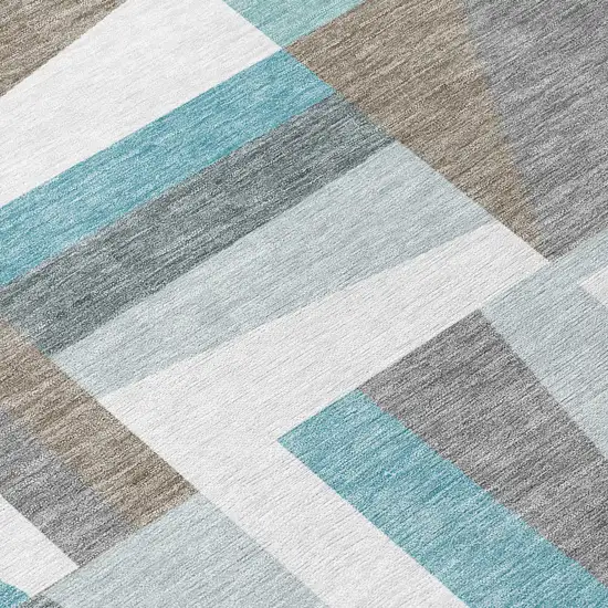 Teal Blue Ivory And Gray Geometric Washable Indoor Outdoor Area Rug Photo 8