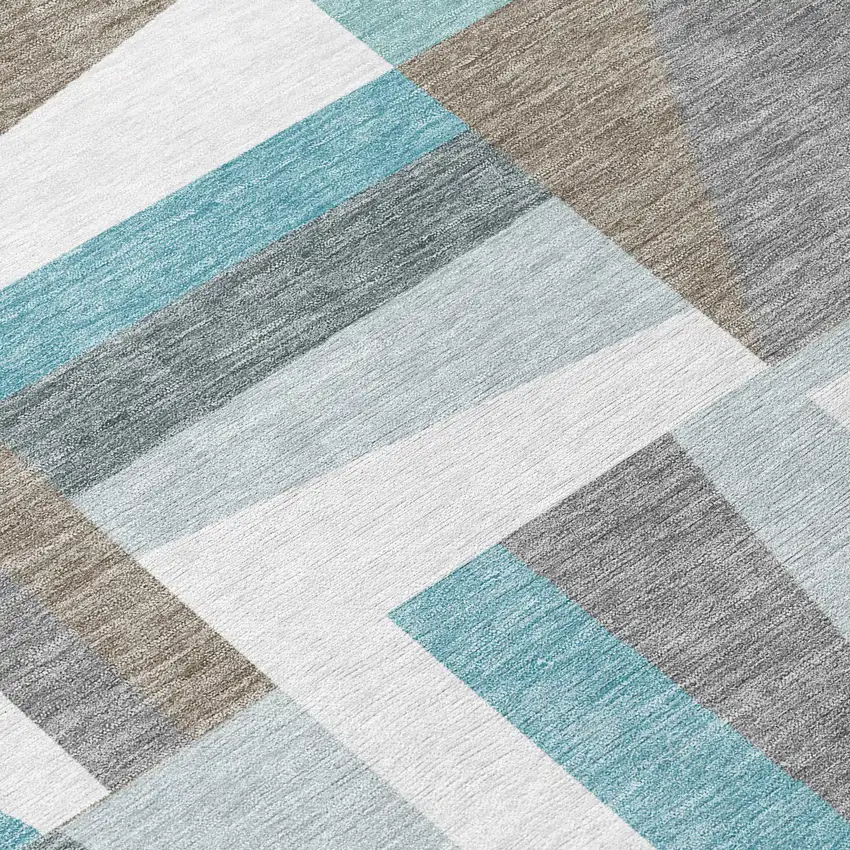 Teal Blue Ivory And Gray Geometric Washable Indoor Outdoor Area Rug Photo 8