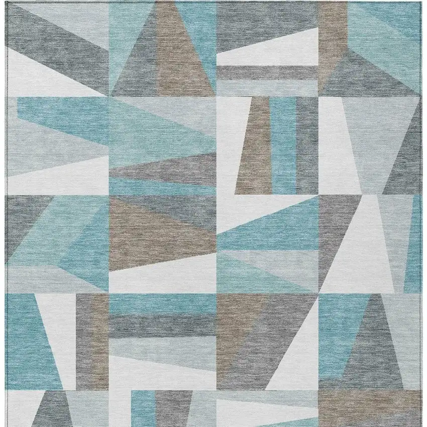 Teal Blue Ivory And Gray Geometric Washable Indoor Outdoor Area Rug Photo 7
