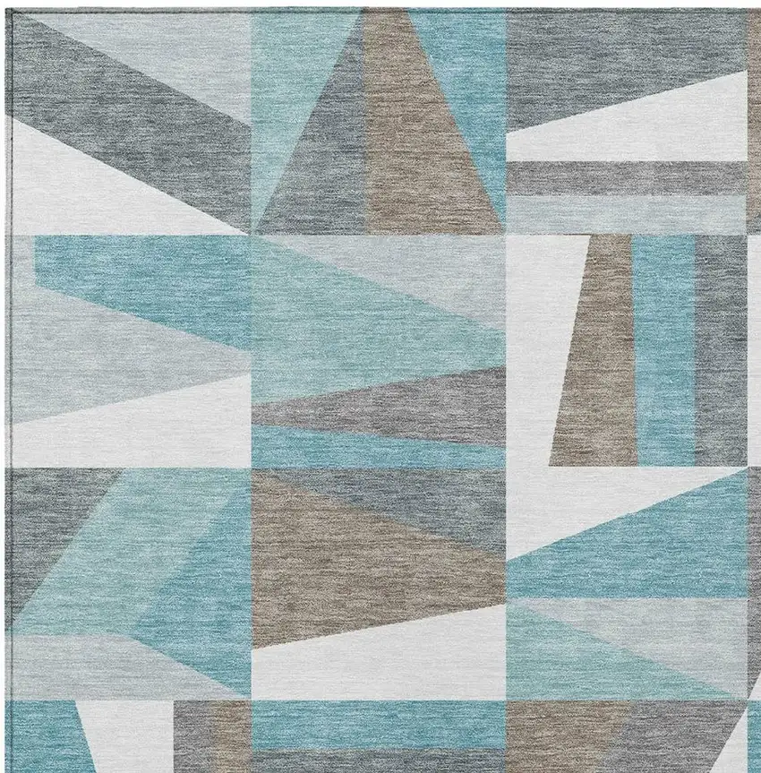 Teal Blue Ivory And Gray Geometric Washable Indoor Outdoor Area Rug Photo 5