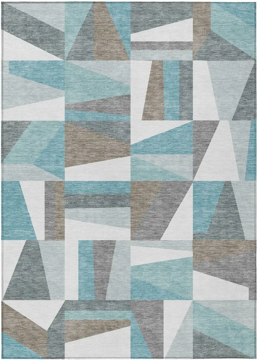 Teal Blue Ivory And Gray Geometric Washable Indoor Outdoor Area Rug Photo 2