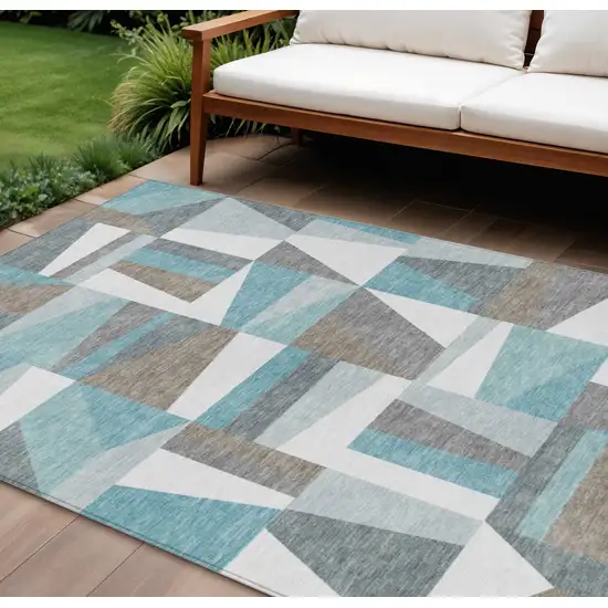 Teal Blue Ivory And Gray Geometric Washable Indoor Outdoor Area Rug Photo 1