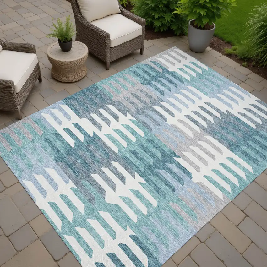 Teal Blue Ivory And Gray Geometric Washable Indoor Outdoor Area Rug Photo 8