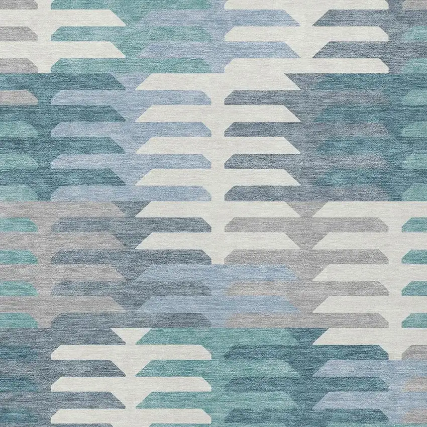 Teal Blue Ivory And Gray Geometric Washable Indoor Outdoor Area Rug Photo 7