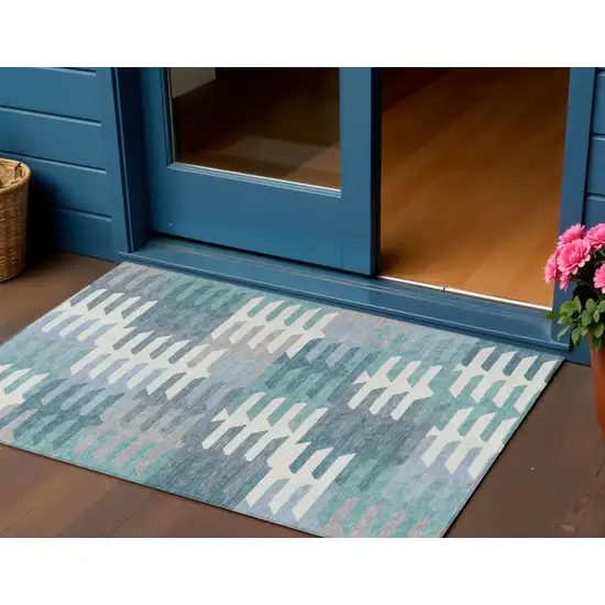 Teal Blue Ivory And Gray Geometric Washable Indoor Outdoor Area Rug Photo 1