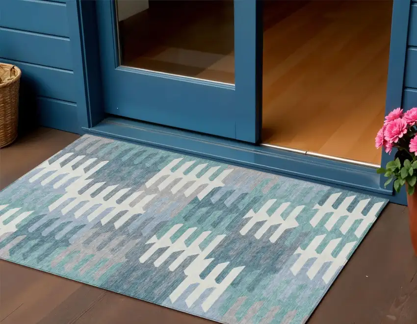Teal Blue Ivory And Gray Geometric Washable Indoor Outdoor Area Rug Photo 1