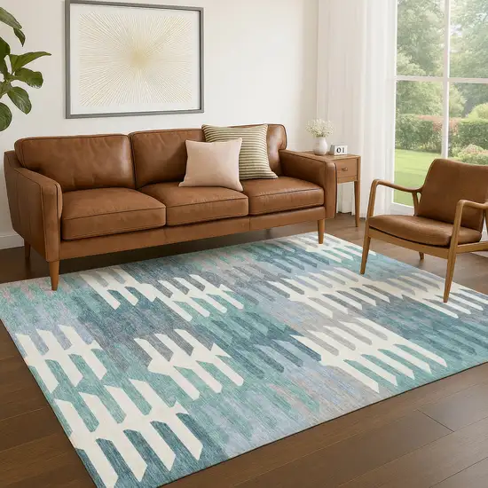 Teal Blue Ivory And Gray Geometric Washable Indoor Outdoor Area Rug Photo 9