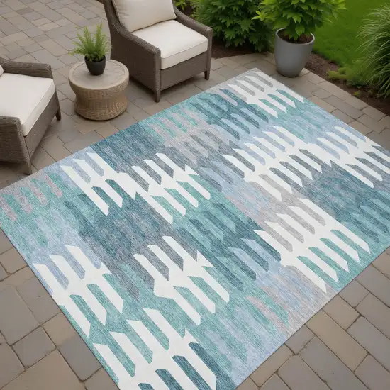 Teal Blue Ivory And Gray Geometric Washable Indoor Outdoor Area Rug Photo 8