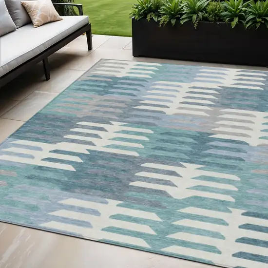 Teal Blue Ivory And Gray Geometric Washable Indoor Outdoor Area Rug Photo 1