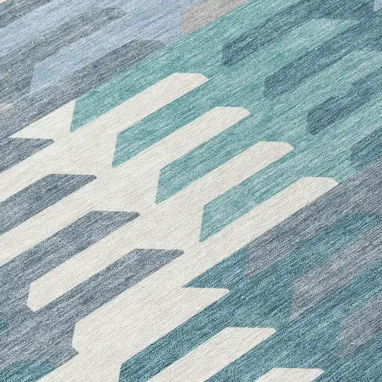 Teal Blue Ivory And Gray Geometric Washable Indoor Outdoor Area Rug Photo 8