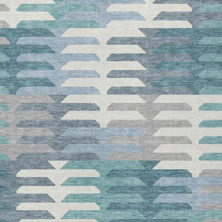 Teal Blue Ivory And Gray Geometric Washable Indoor Outdoor Area Rug Photo 7