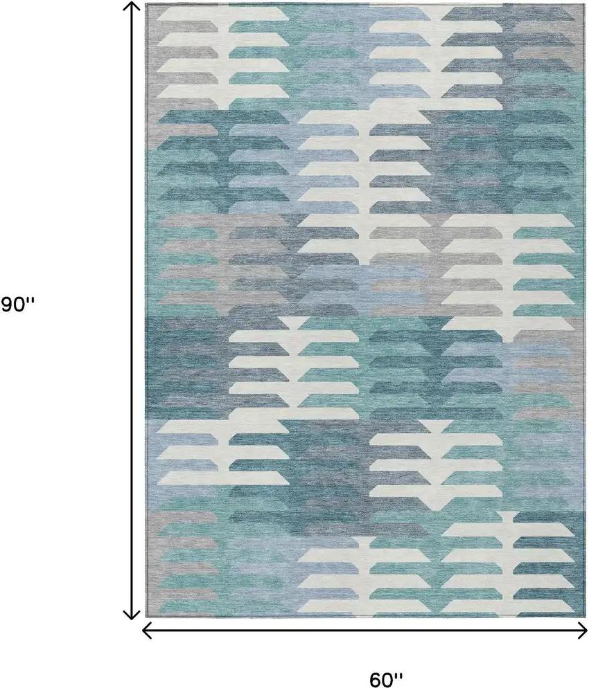 Teal Blue Ivory And Gray Geometric Washable Indoor Outdoor Area Rug Photo 3