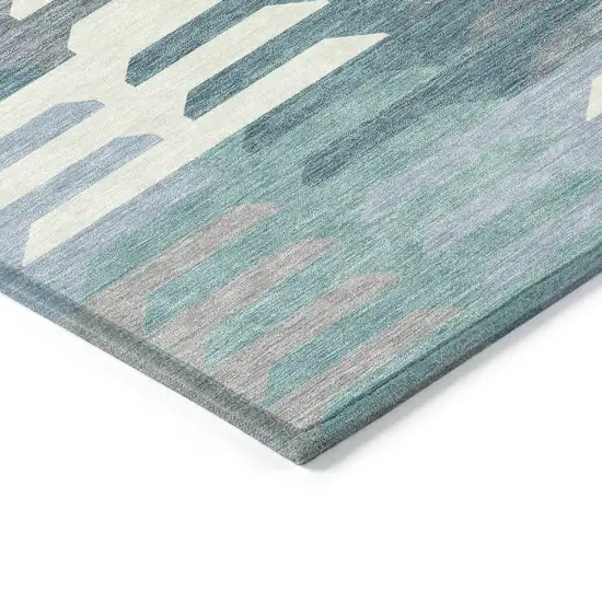 Teal Blue Ivory And Gray Geometric Washable Indoor Outdoor Area Rug Photo 6