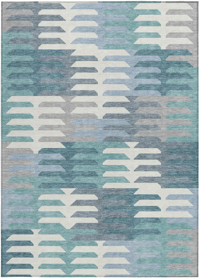 Teal Blue Ivory And Gray Geometric Washable Indoor Outdoor Area Rug Photo 5
