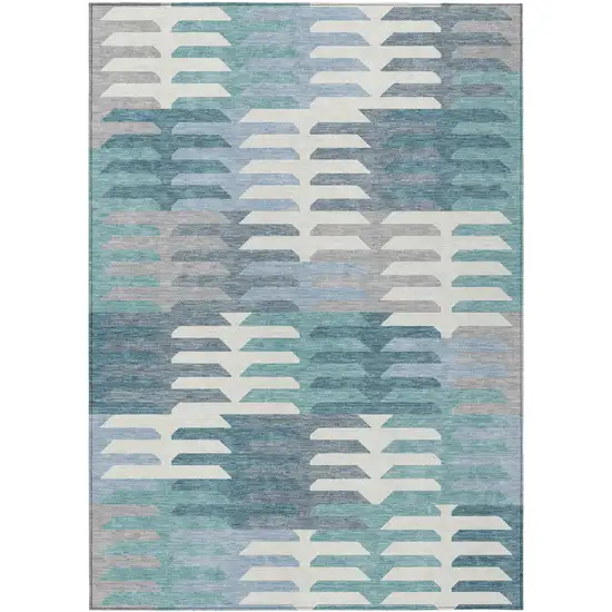 Teal Blue Ivory And Gray Geometric Washable Indoor Outdoor Area Rug Photo 2