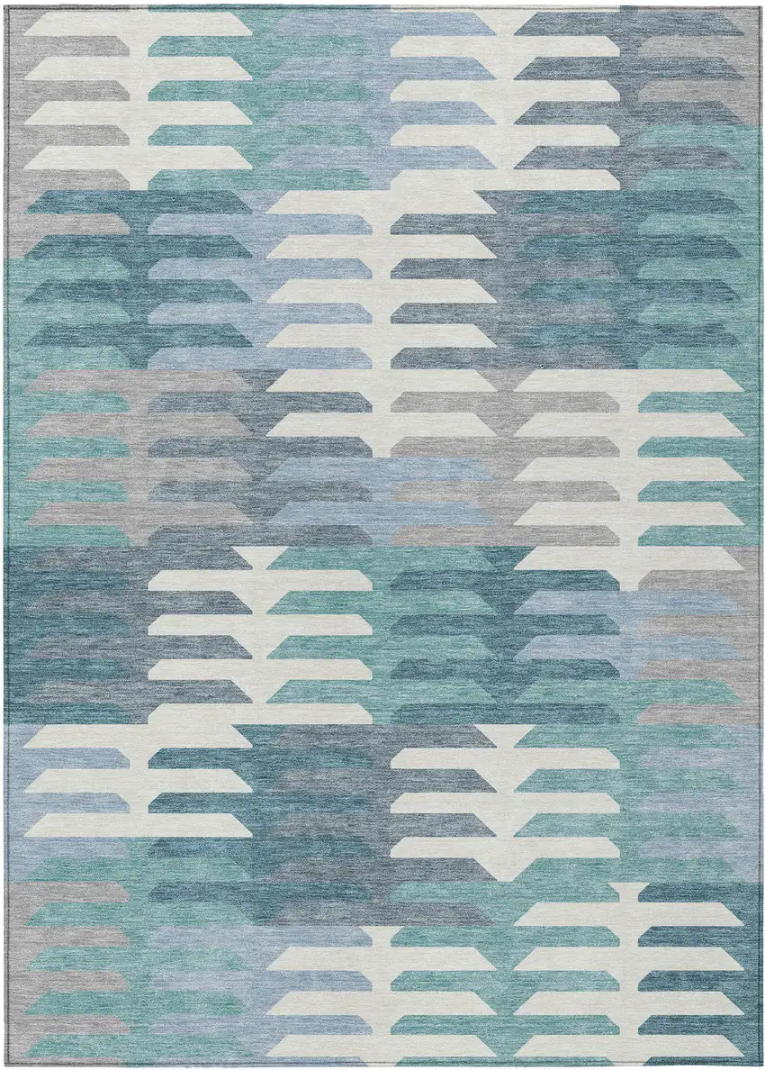 Teal Blue Ivory And Gray Geometric Washable Indoor Outdoor Area Rug Photo 2