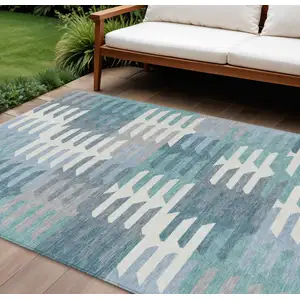 Photo of Teal Blue Ivory And Gray Geometric Washable Indoor Outdoor Area Rug