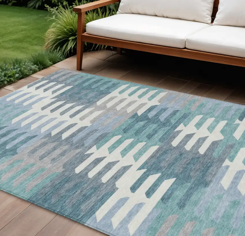 Teal Blue Ivory And Gray Geometric Washable Indoor Outdoor Area Rug Photo 1
