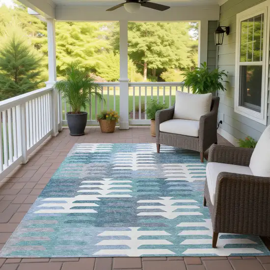 Teal Blue Ivory And Gray Geometric Washable Indoor Outdoor Area Rug Photo 9