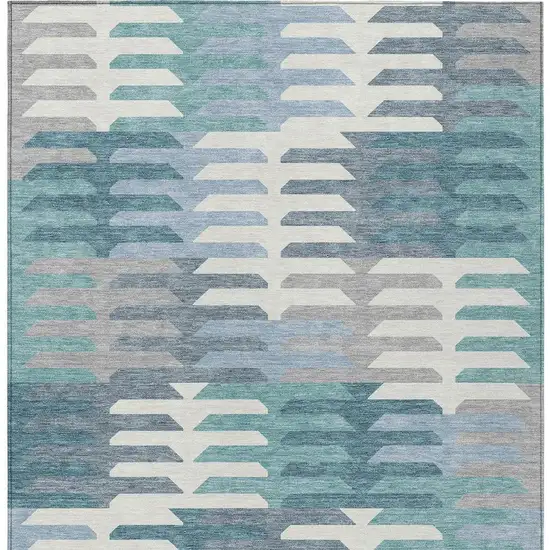 Teal Blue Ivory And Gray Geometric Washable Indoor Outdoor Area Rug Photo 4