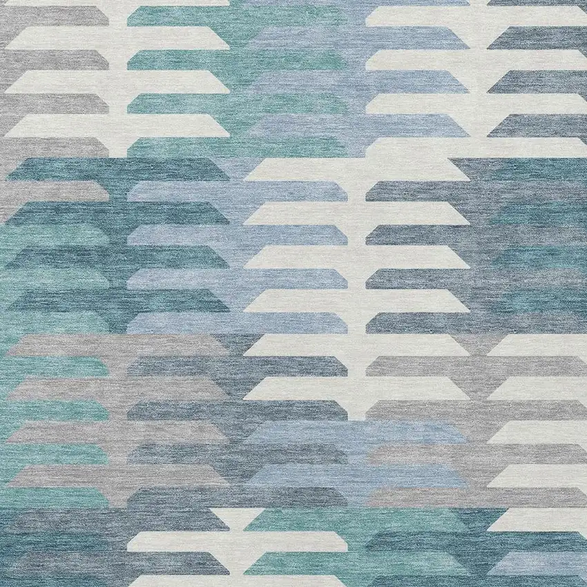 Teal Blue Ivory And Gray Geometric Washable Indoor Outdoor Area Rug Photo 7