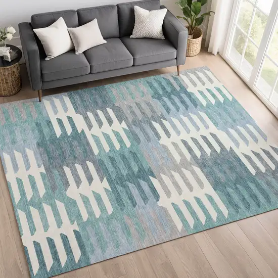 Teal Blue Ivory And Gray Geometric Washable Indoor Outdoor Area Rug Photo 9