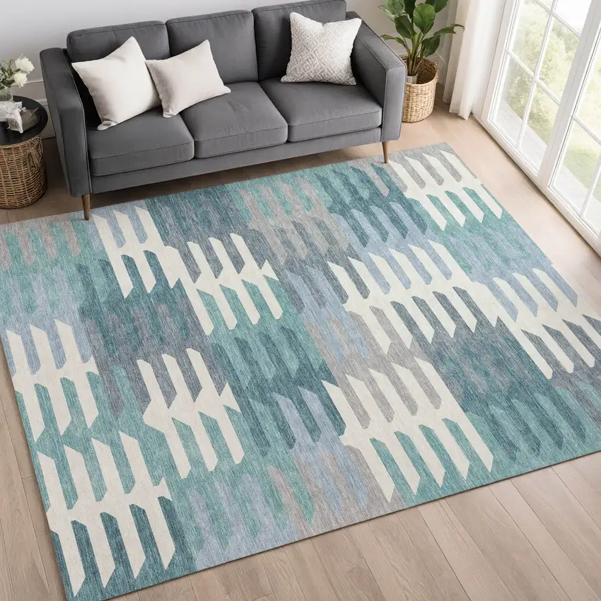 Teal Blue Ivory And Gray Geometric Washable Indoor Outdoor Area Rug Photo 9