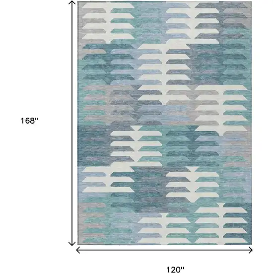 Teal Blue Ivory And Gray Geometric Washable Indoor Outdoor Area Rug Photo 3