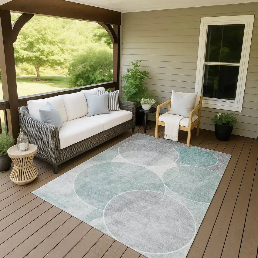 Teal Blue Ivory And Gray Geometric Washable Indoor Outdoor Area Rug Photo 5