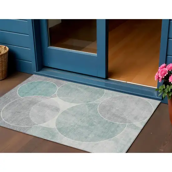 Teal Blue Ivory And Gray Geometric Washable Indoor Outdoor Area Rug Photo 1