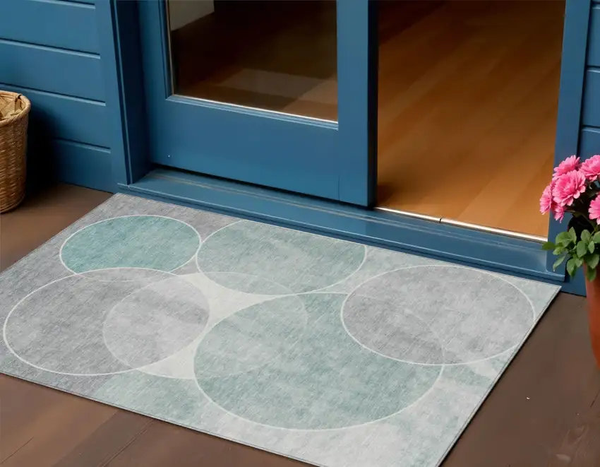 Teal Blue Ivory And Gray Geometric Washable Indoor Outdoor Area Rug Photo 1