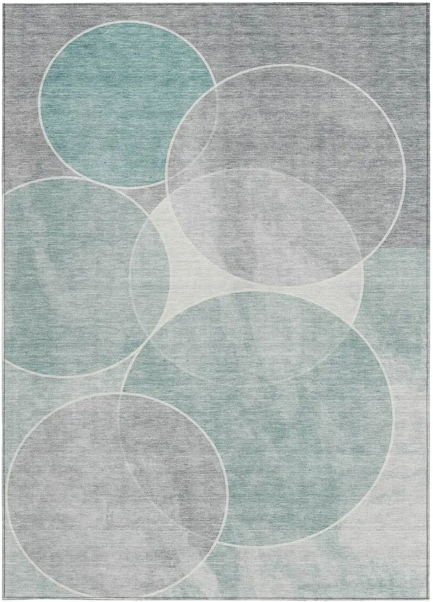Teal Blue Ivory And Gray Geometric Washable Indoor Outdoor Area Rug Photo 5
