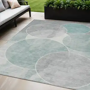 Photo of Teal Blue Ivory And Gray Geometric Washable Indoor Outdoor Area Rug