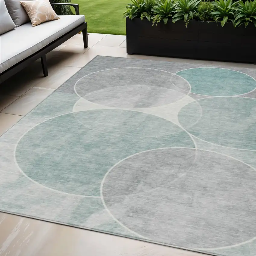 Teal Blue Ivory And Gray Geometric Washable Indoor Outdoor Area Rug Photo 1