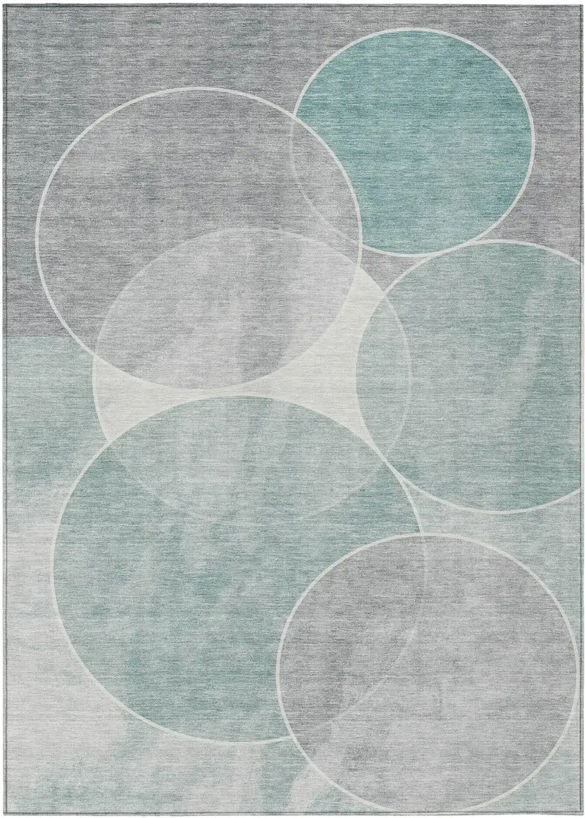 Teal Blue Ivory And Gray Geometric Washable Indoor Outdoor Area Rug Photo 2