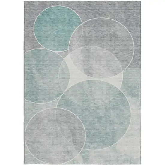 Teal Blue Ivory And Gray Geometric Washable Indoor Outdoor Area Rug Photo 4