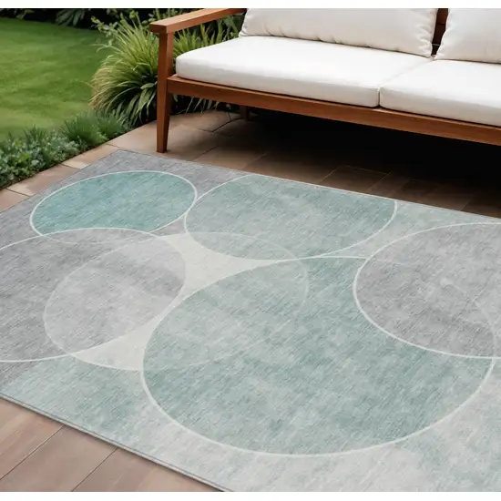 Teal Blue Ivory And Gray Geometric Washable Indoor Outdoor Area Rug Photo 1